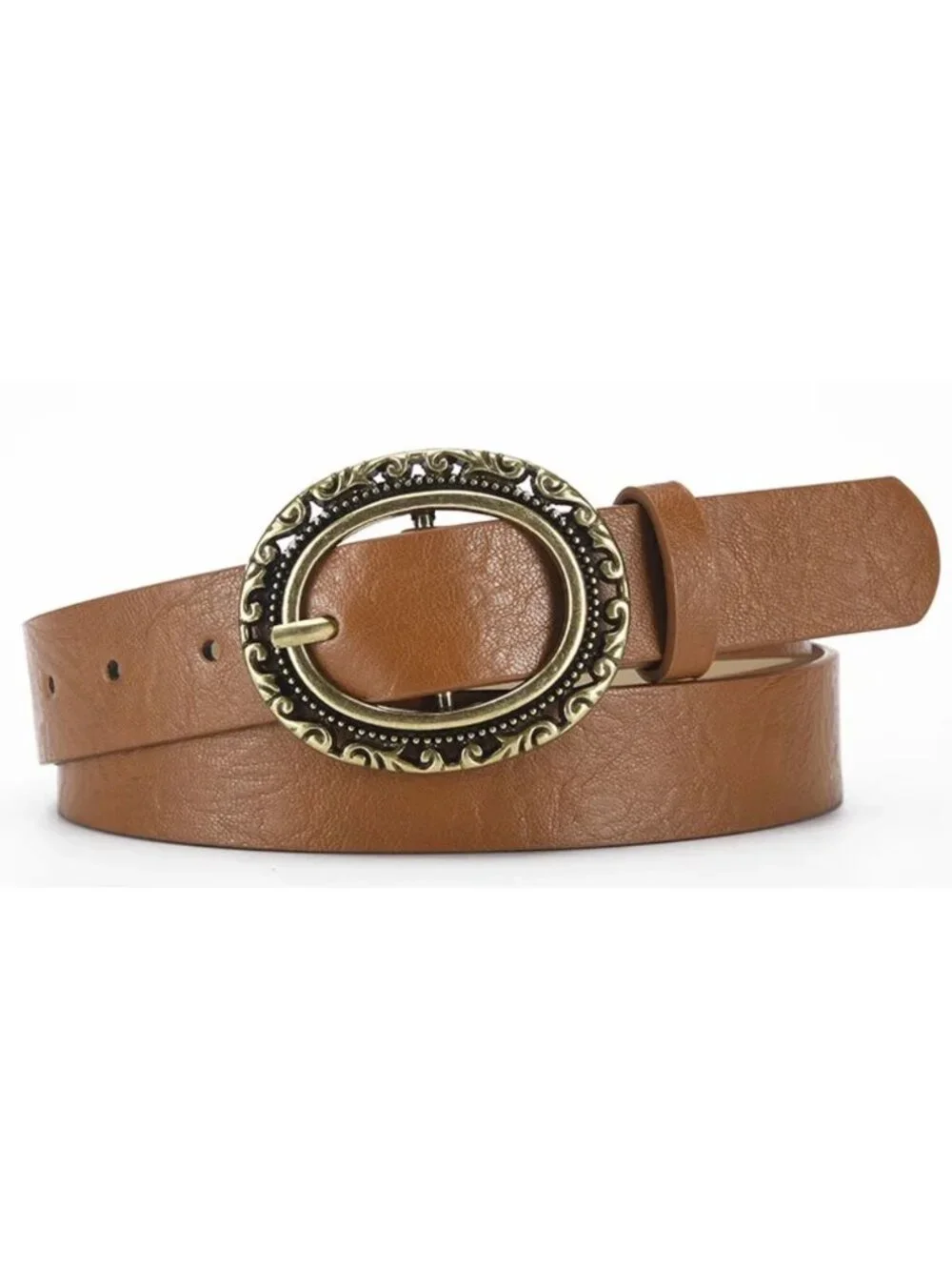 Vintage-Style Oval Buckle Faux Leather Belt Set of 2 White & Brown